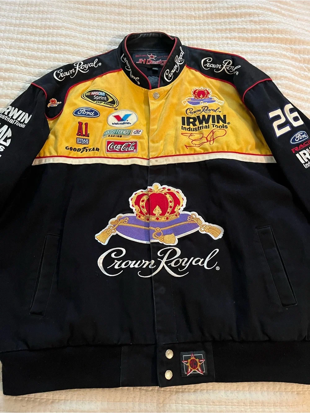 Nascar Crown Royal Black and Yellow Racing Bomber Jacket Jamie McMurray XL